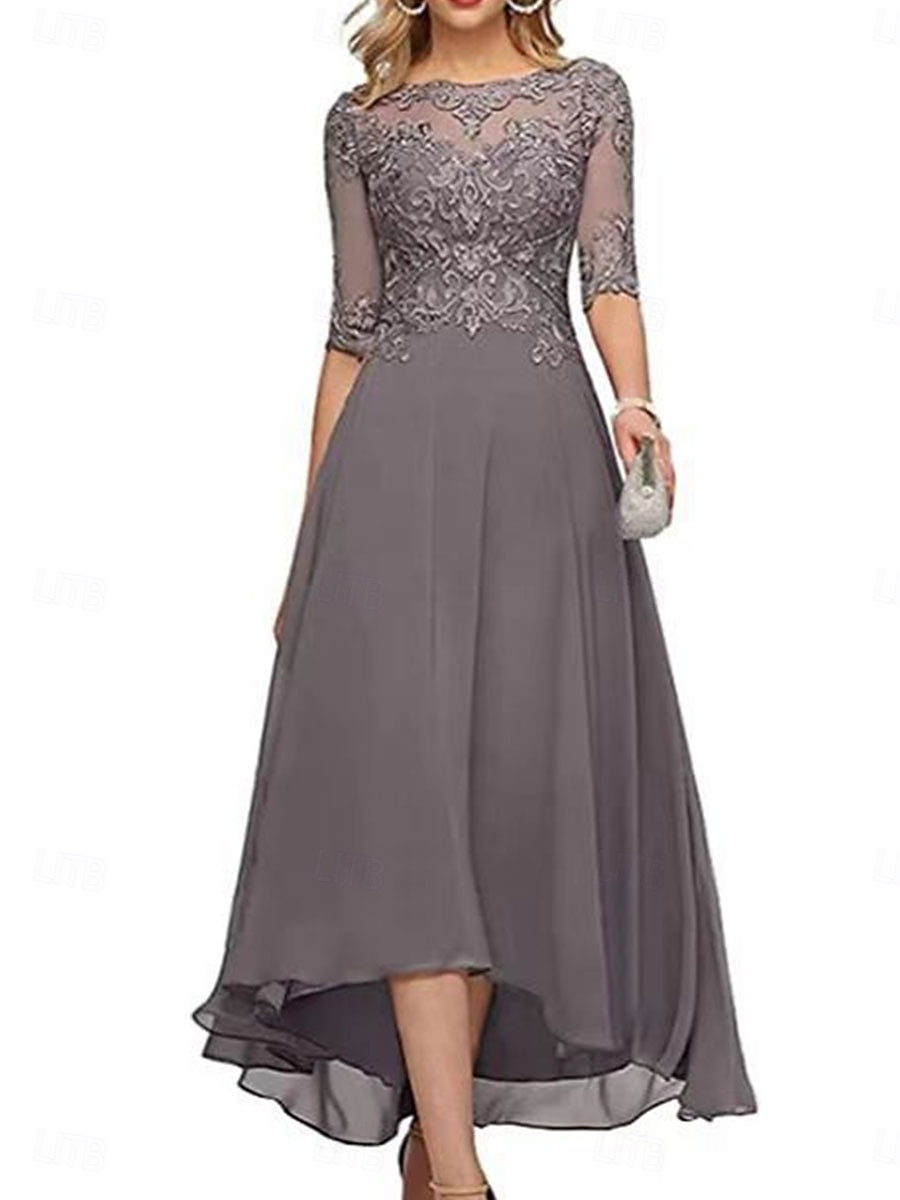 A-Line Mother of the Bride Dress Elegant Crew Neck Floor Length Chiffon Half Sleeve with Solid Color 2025 2025 - $119.99 –P11