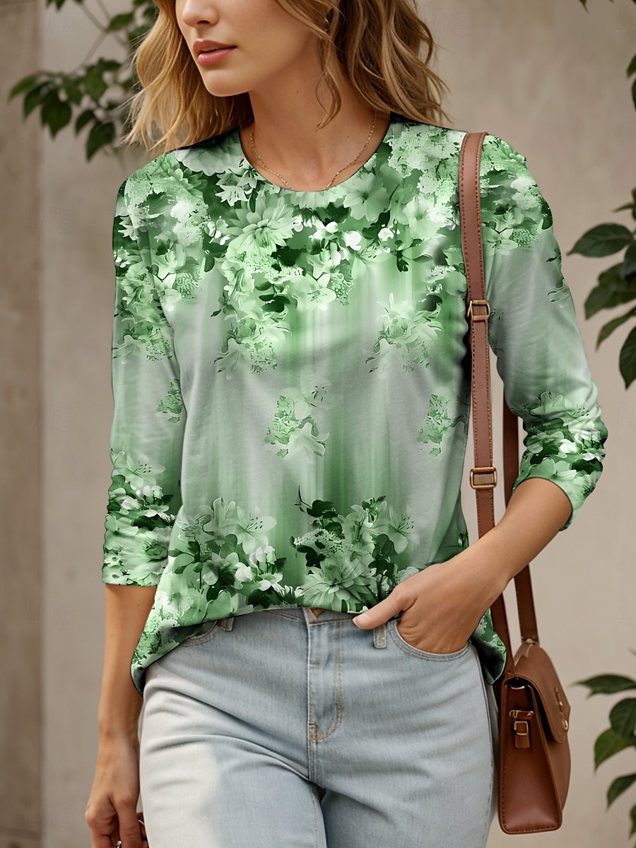 Dame T skjorte Nyanse Blomstret Grafisk Elegant Årgang Mote Langermet Crew-hals Rund hals Vanlige topper Daglig Ut på byen Helg Trykt mønster Gul Rosa Blå Lilla Grønn Sommer 2025 - $23.99 –P6