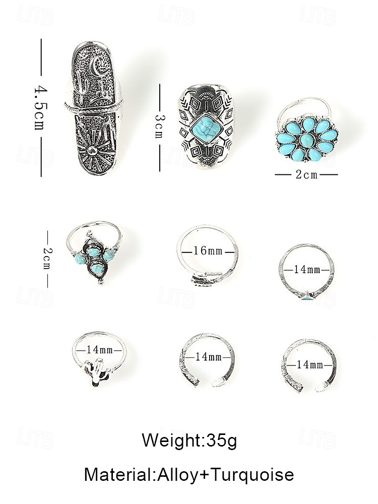 Women's Boho Vintage Turquoise Ring Set – 9-Piece Antique Silver Adjustable Midi Rings for Gypsy Festival, Beachwear and Casual Styling 2025 - $11.99 –P6