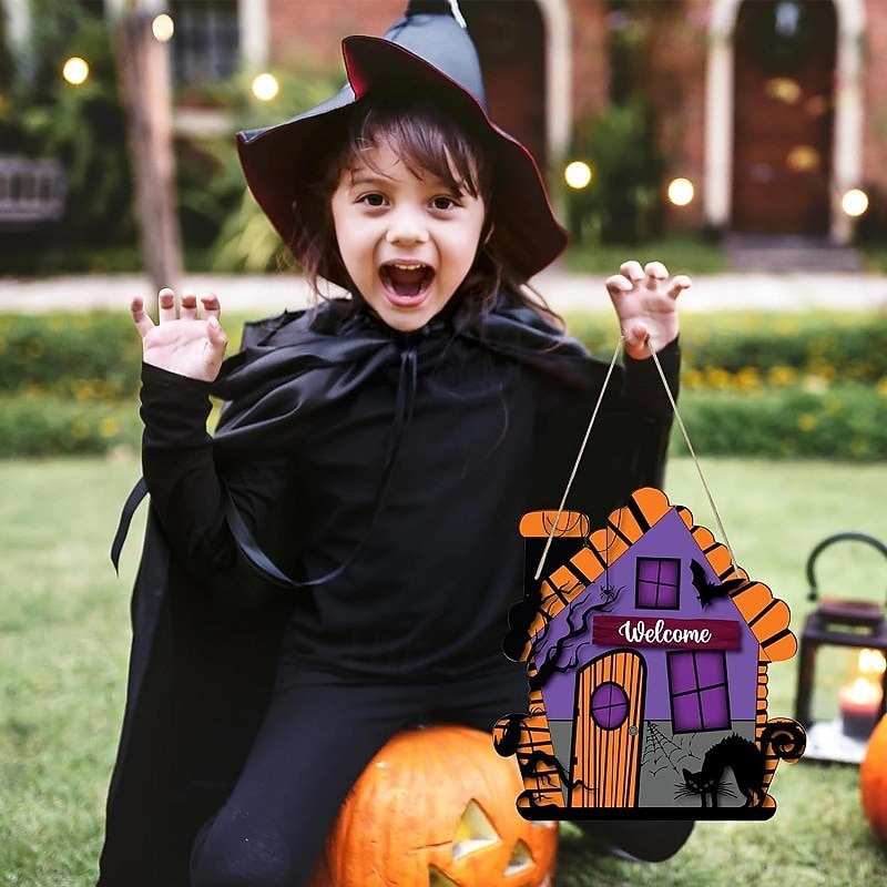 Деревянная вешалка на дверь с надписью «Добро пожаловать на Хэллоуин», фиолетовая вывеска с изображением дома с привидениями и кошки, жуткий венок на входную дверь для декора на Хэллоуин 2025 - $9.99 –P5