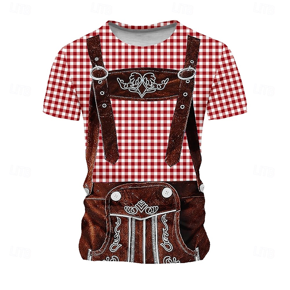 Oktoberfest Voor heren Ruitjes Duitsland dirndls T-shirt Korte mouw T-shirt 3D-afdrukken Strakke ronde hals Overhemd Vakantie overdreven Ontwerper Carnaval Feest Licht Blauw Blauw 1# Blozend Roze 2025 - $15.99 –P2