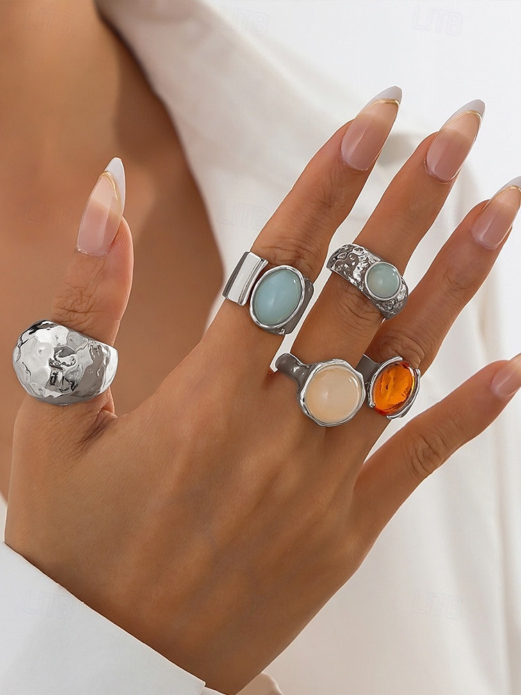 Damesett med vintage edelstener i gull – sett med flere statement-ringer med klumpete tekstur og fargerike harpiks-edelstener, egnet for kontor, vintage-mote, fest og hverdagsstil 2025 - $11.99 –P3