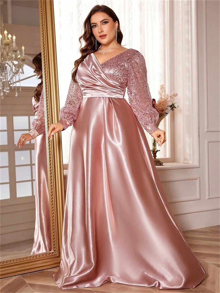 Robe A-Line Grande Taille Élégante Robe Courbe De Mariage Formelle Longue Au Sol Manches Longues Col en V En Polyester Avec Plis 2025 de 2025 ? $119.99 –P20