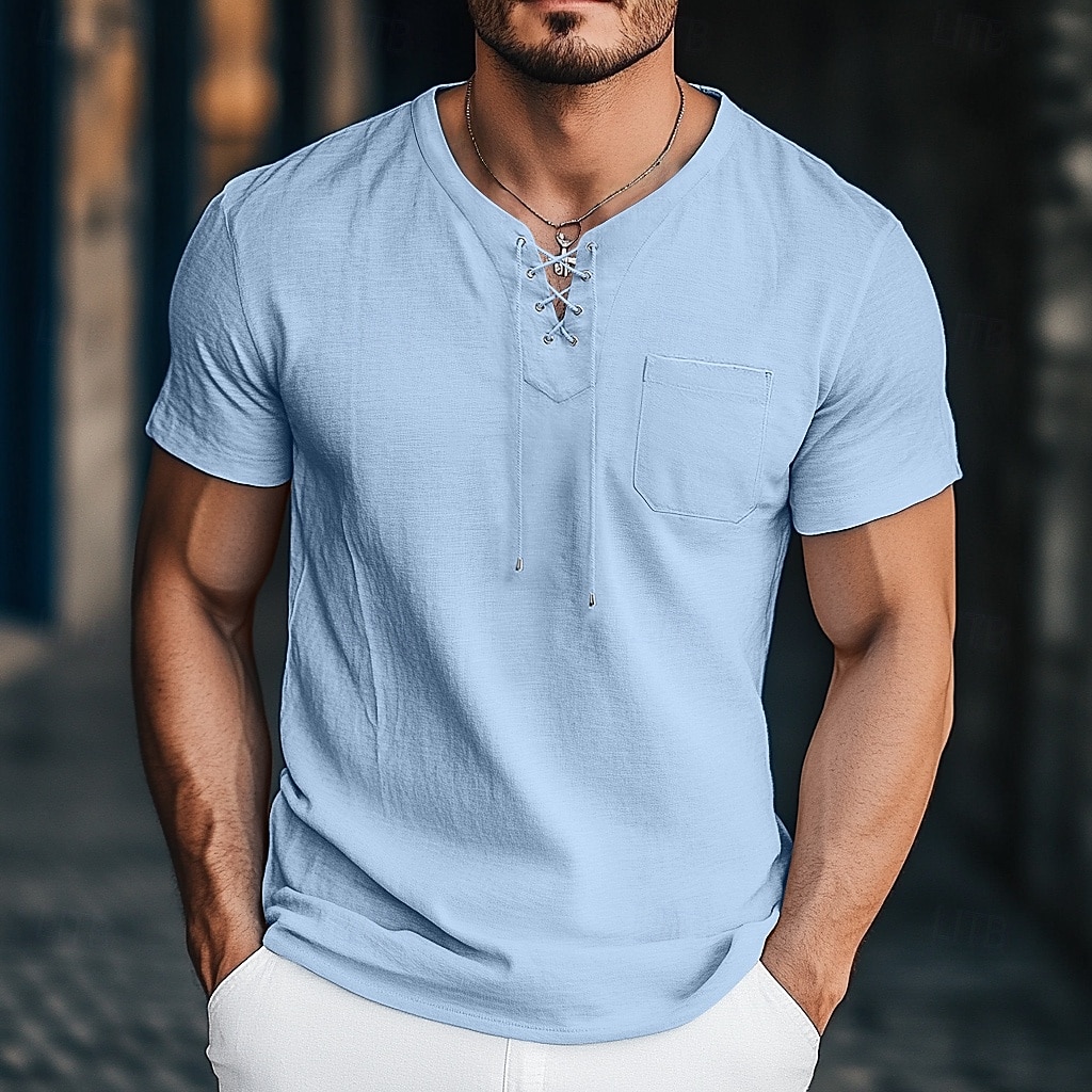 Pánské Tričko Henley Tričko Top Krátký rukáv Pevná barva Bez vzoru Jednobarevné Módní Designové Základní kravata vpředu Do V Dovolená ulice Ležérní Léto Černá Bílá Vodní modrá Tričko Henley 2025 - $20.99 –P1