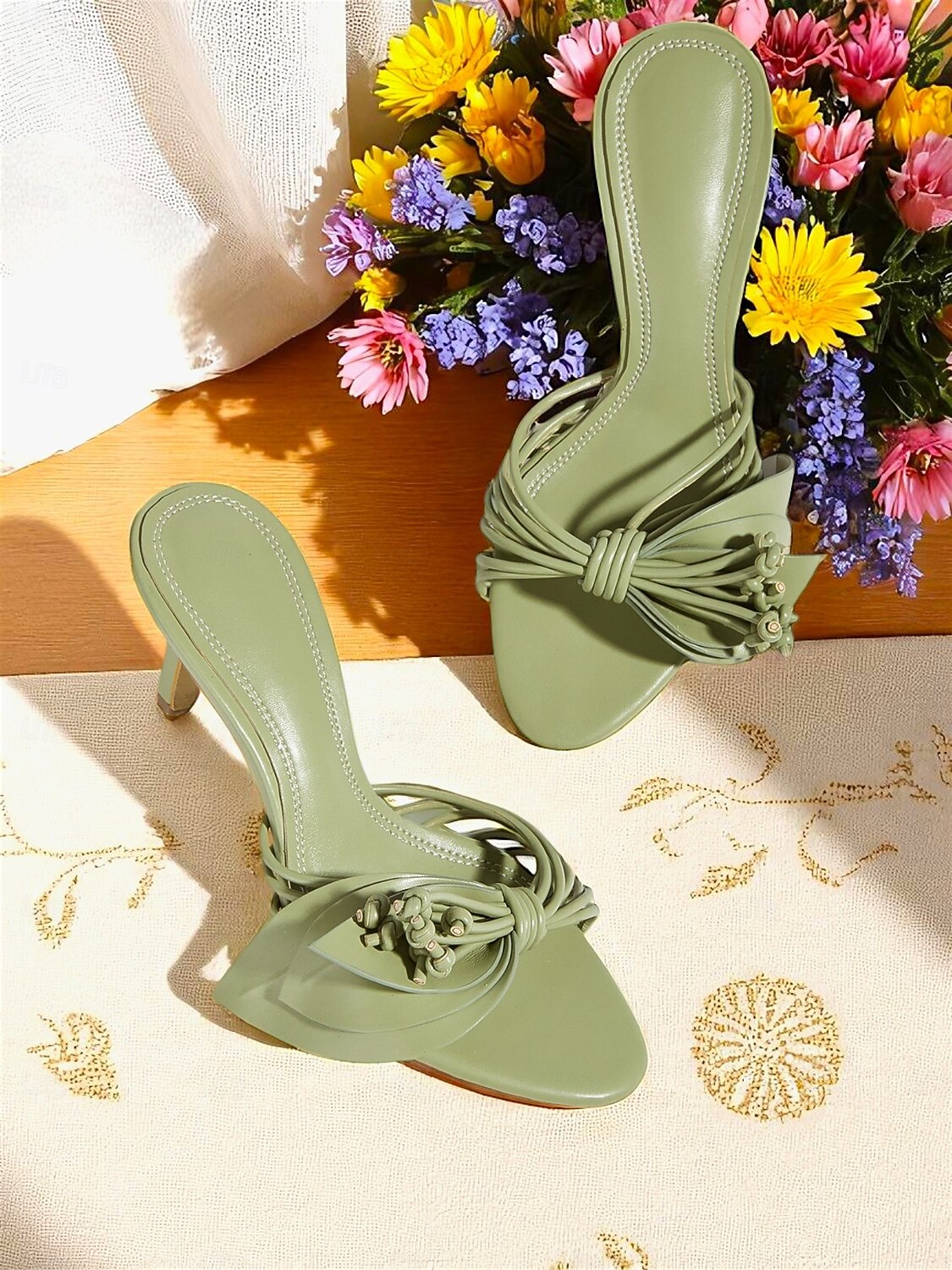 Women's Green Heel Sandals - Elegant Open Toe Slip-On Dress Shoes with  Floral Bow Detail for Casual Dates and Summer Outfits 2026 - $49.99