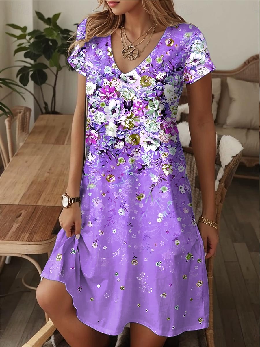 Dam Mini klänning T shirtklänning Solklänning A linjeklänning Semester Ledigt Strandstil Utekväll Strand Normal Blommig Grafisk Kortärmad V-hals Gul Rodnande Rosa Blå Purpur Sommar 2025 - $23.99 –P5
