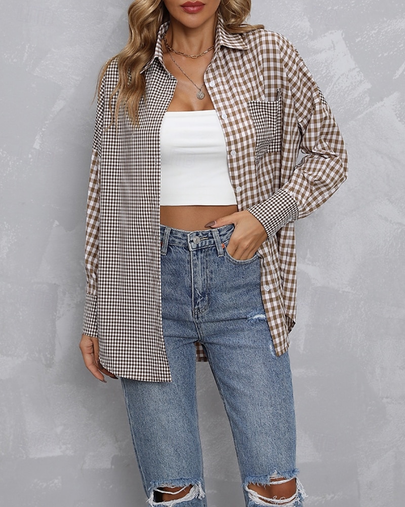 Per donna Camicia Blusa Plaid Moderno Casual Manica Lunga Colletto a Camicia Top Regolari Quotidiano Uscire Tasca Bottoni Viola Marrone Autunno del 2025 a $23.99 –P2
