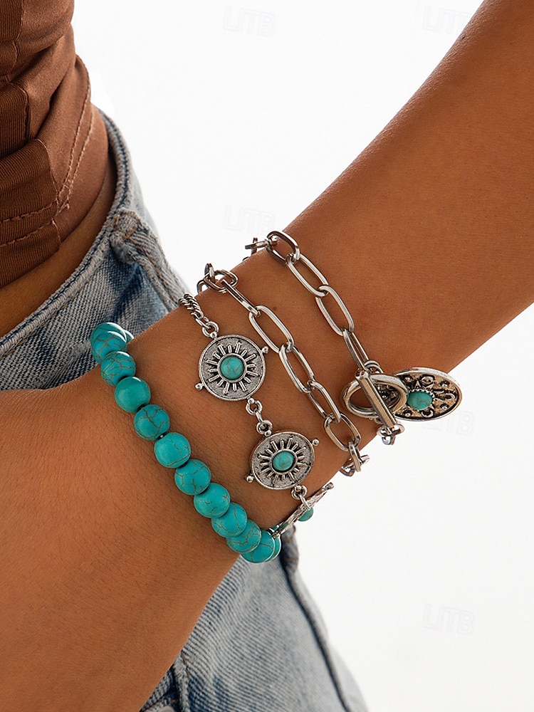 Brățară boho turcoaz pentru femei, cu pandantiv din piele și cactus, bijuterii vintage în stil western pentru ținute de festival cowgirl, petreceri și sărbători de vară 2025 - $9.99 –P6