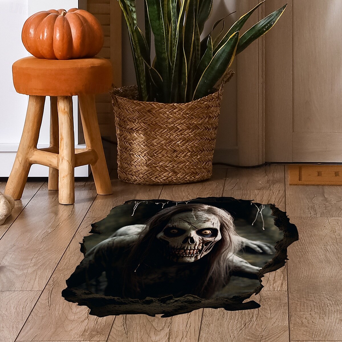 halloweenská podlaha &Samolepka na zeď 3D průlomový design kostry s dlouhými vlasy, strašidelná samolepicí dekorace na zeď a podlahu pro atmosféru halloweenské párty 2025 - $6.99 –P2