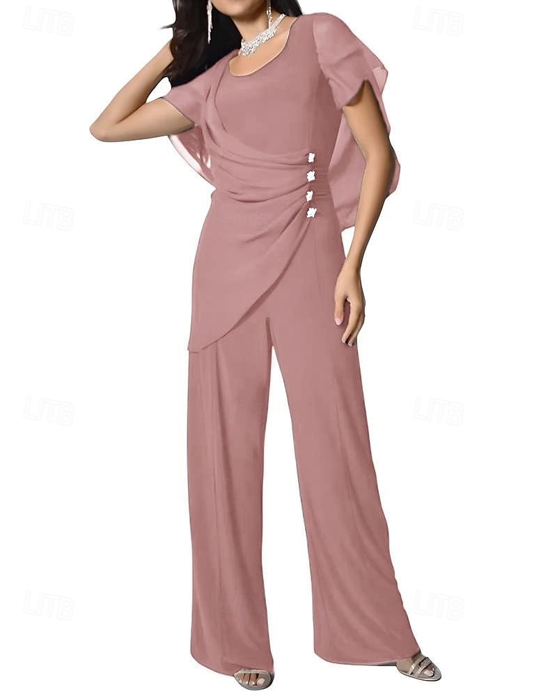 Mono  Traje con Capa Vestido Madre de la Novia Elegante Simple Minimalista Escote Pico Longitud de Piso Chiffon Manga Corta con Botones de Cristal 2025 - $129.99 –P6