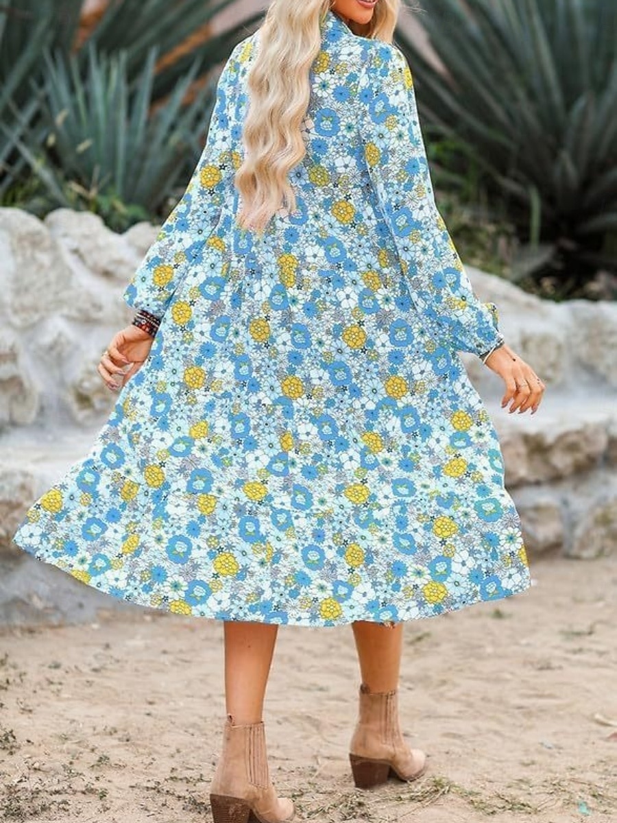 Per donna Abito Midi Abito a trapezio Casual All'aperto Uscire Vestibilità regolare Floreale Grafico Manica Lunga Scollo a V Marrone chiaro Azzurro cielo Arancione Verde Estate del 2025 a $29.99 –P5