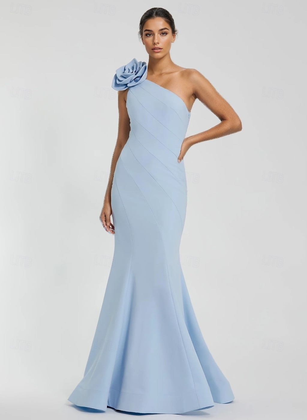 Abito da sera a sirena/tromba, elegante, formale, da ospite di nozze, senza maniche, lungo fino al pavimento, monospalla, in crêpe elasticizzata con pieghe, 2025 del 2025 a $147.99 –P1