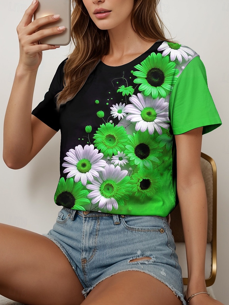 Femmes T-shirt Fleuri Graphique Plantes ancien Élégant Classique Manche Courte Col ras du cou Col rond Hauts Réguliers Quotidien Imprimé Noir et blanc Jaune Bleu Violet Fuchsia Été Printemps de 2025 ? $21.99 –P10