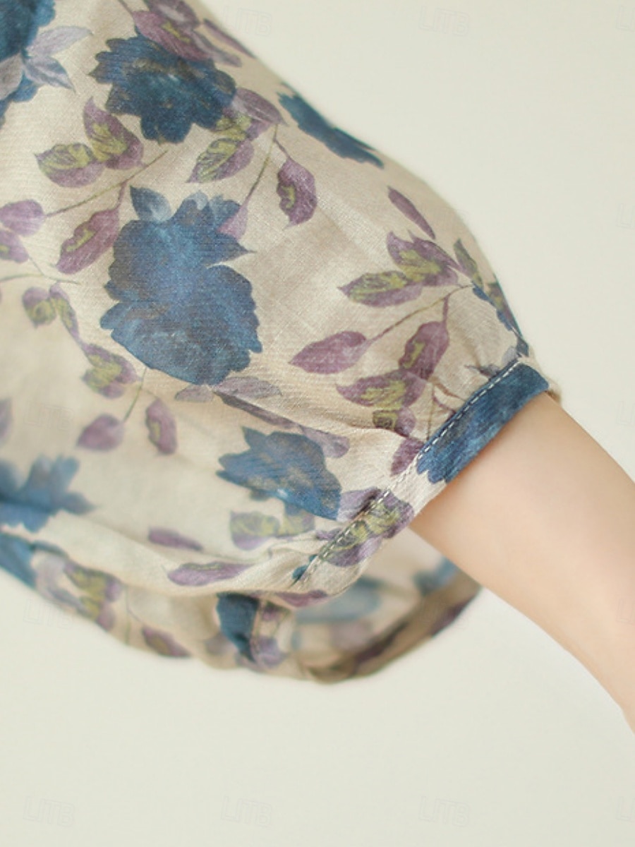 Pentru femei Cămăși Bumbac In Floral De Bază Casual Lungime Manșon 3/4 Stil Nautic Topuri obișnuite Zilnic Imprimeu Albastru piscină Vară 2025 - $18.99 –P10