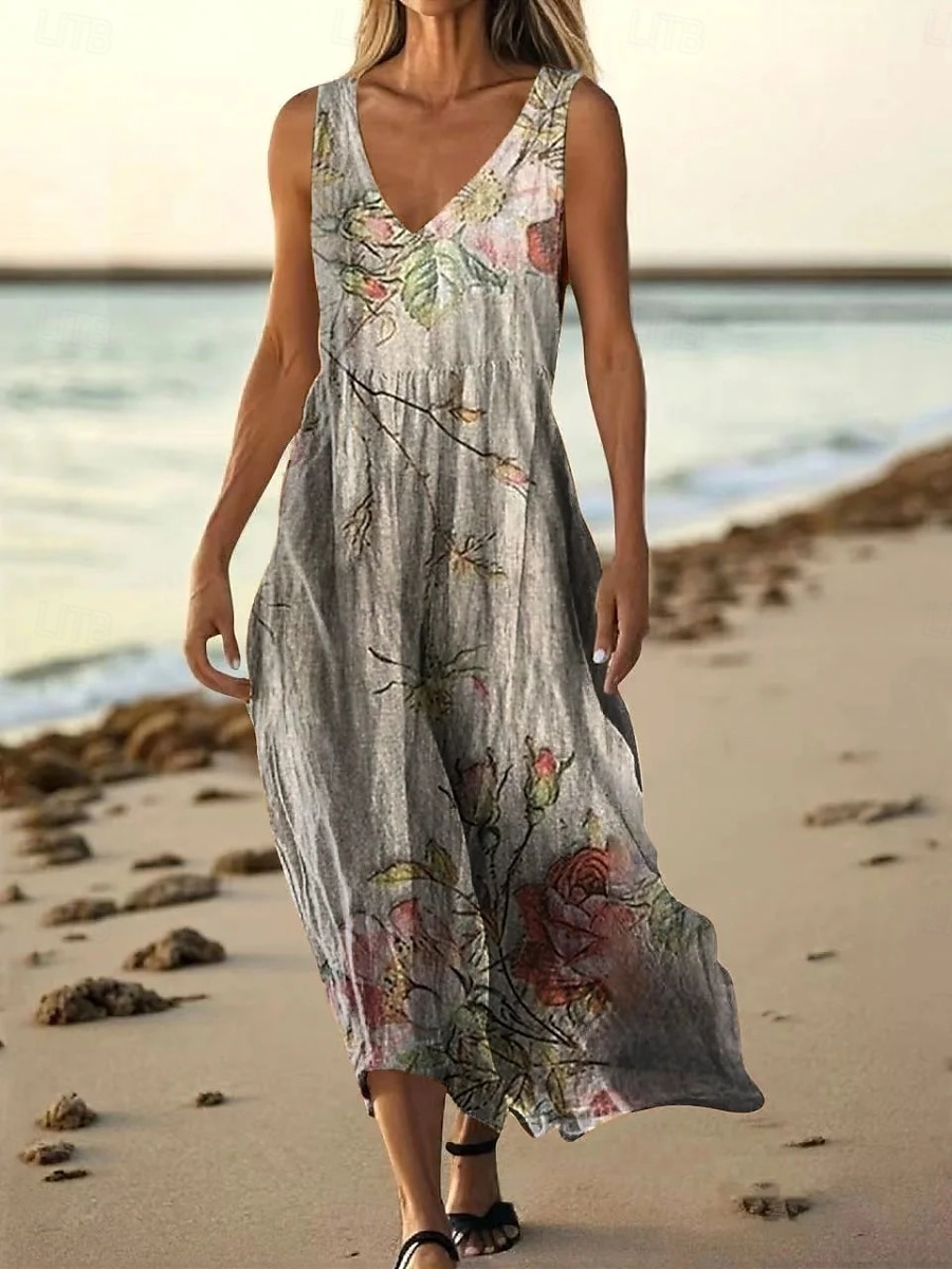 Femmes Robe Longue Maxi Robe Robe Décontractée Robe débardeur Robe d'été ancien africain Quotidien Fête Plage Coupe régulière Fleuri Sans manches Col en V Jaune Bleu Orange Gris Clair Été de 2025 ? $20.99 –P4