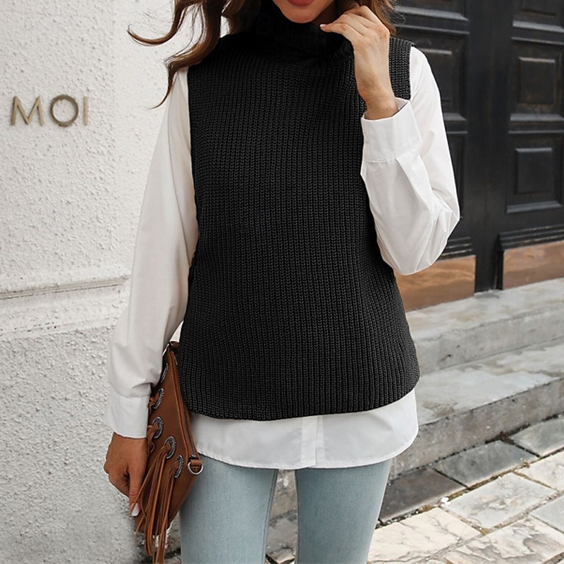 Femmes Pull Gilet Pull Occasionnel Couleur Unie Épais Col roulé Tricoté Sans manches Hauts Réguliers Tricoter Quotidien Fête Sortir Noir Marron Automne Hiver de 2025 ? $18.99 –P6