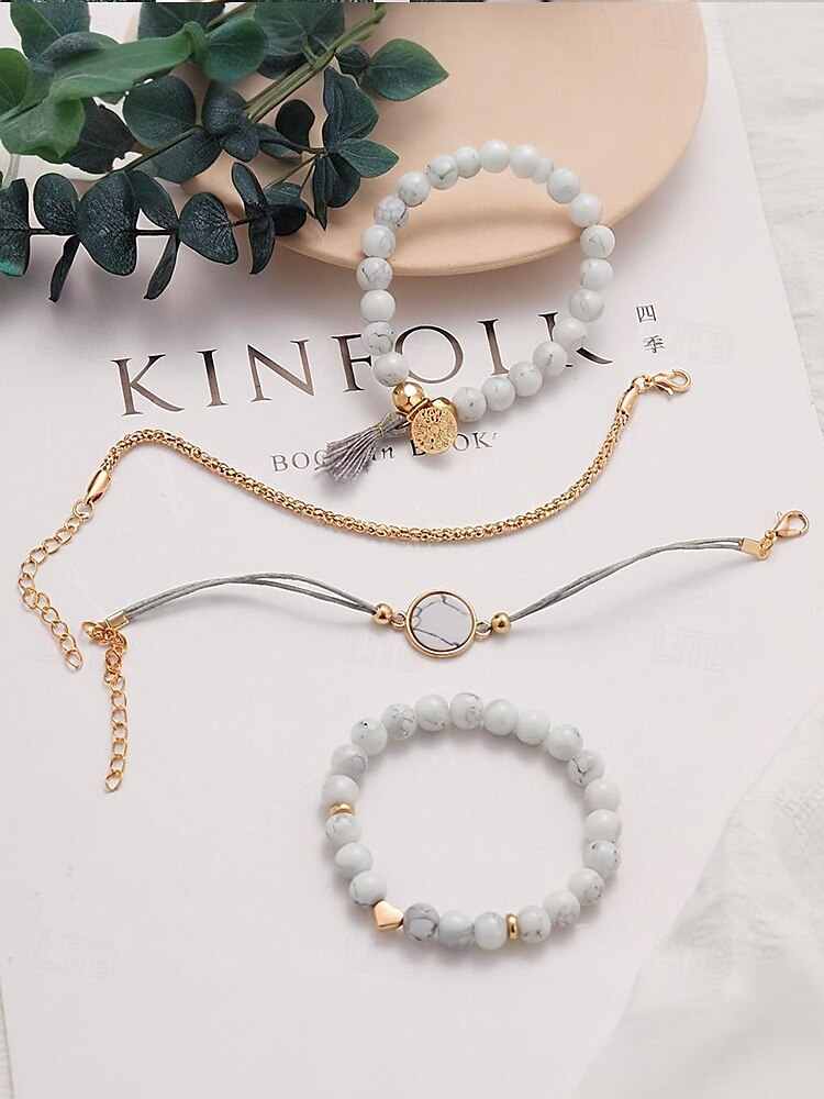 Set di braccialetti con perline di howlite da donna: stile boho a strati con ciondolo a forma di cuore, pendente in marmo e nappa per abbigliamento casual, outfit da spiaggia e regali del 2025 a $9.99 –P7