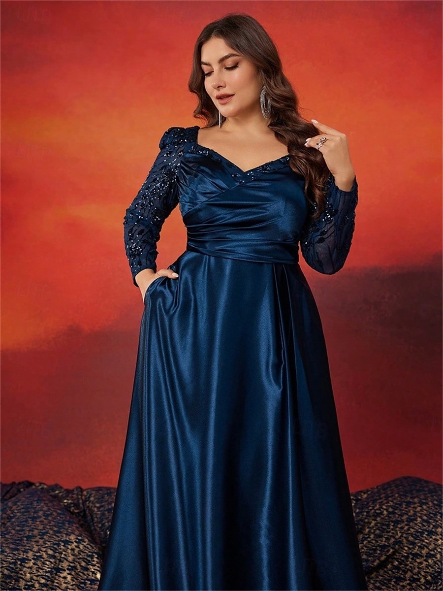 Vestidos Plus Size em A Vestido Elegante Curve Formal Casamento Comprimento de Chão Manga Longa Decote Coração Cetim com Pregas de 2025 por $121.99 –P2