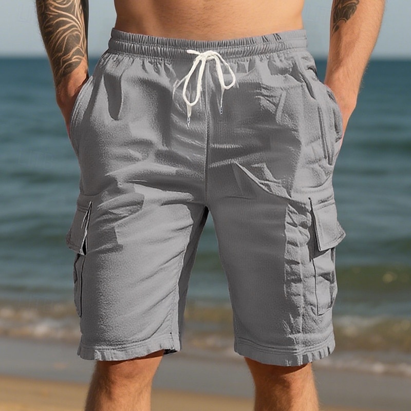 Homens Shorts de algodão e linho Bermuda Cargo Calção Shorts de verão Com Cordão Cintura elástica Bolso multi Tecido Conforto Vestível Comprimento do joelho Ao ar livre Esporte Diário Moda Casual de 2025 por $17.99 –P15