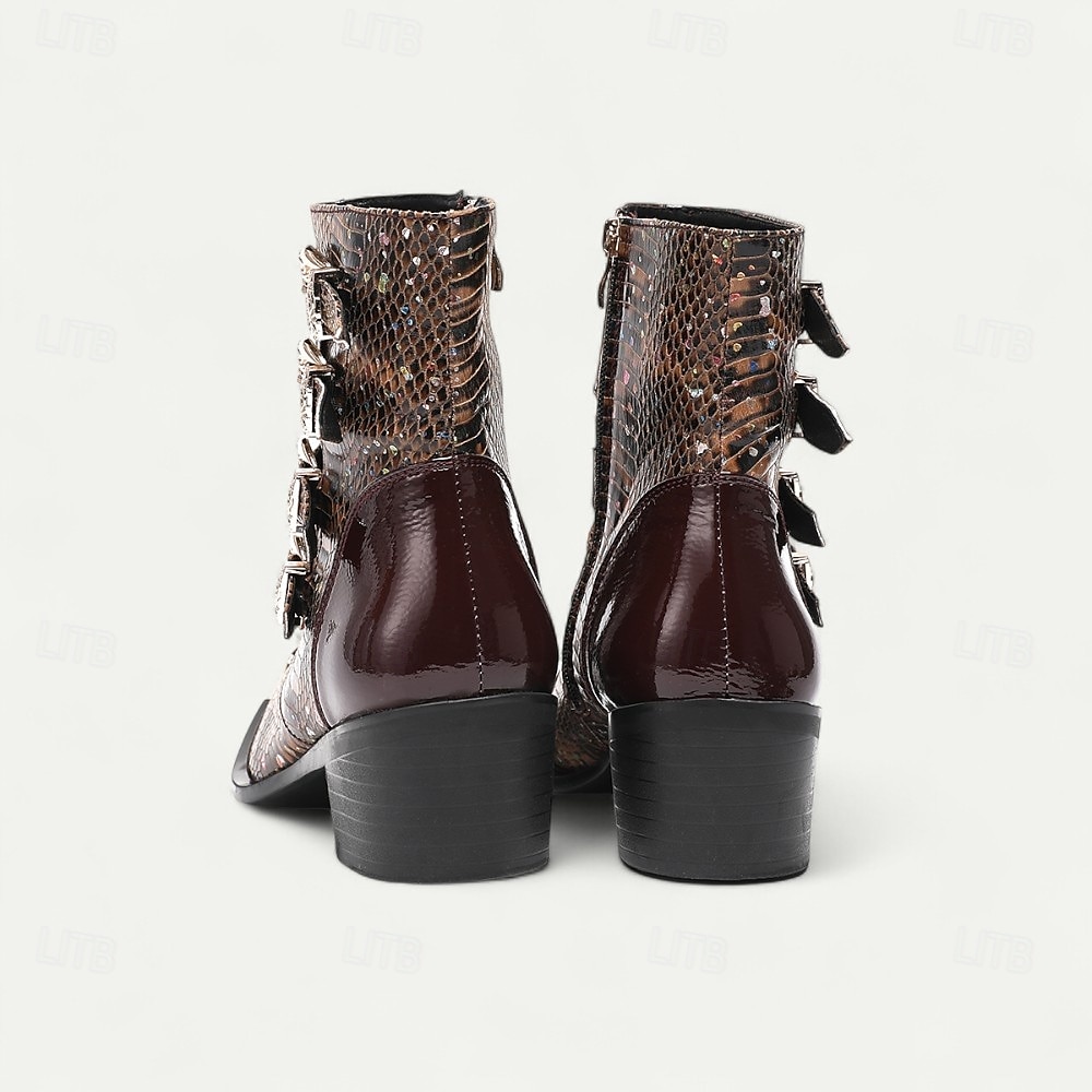 Botas de tobillo de cuero con patrón de cocodrilo marrón para hombres con hebillas de punta dorada calzado de inspiración occidental de moda para uso casual y al aire libre 2025 - $139.99 –P5
