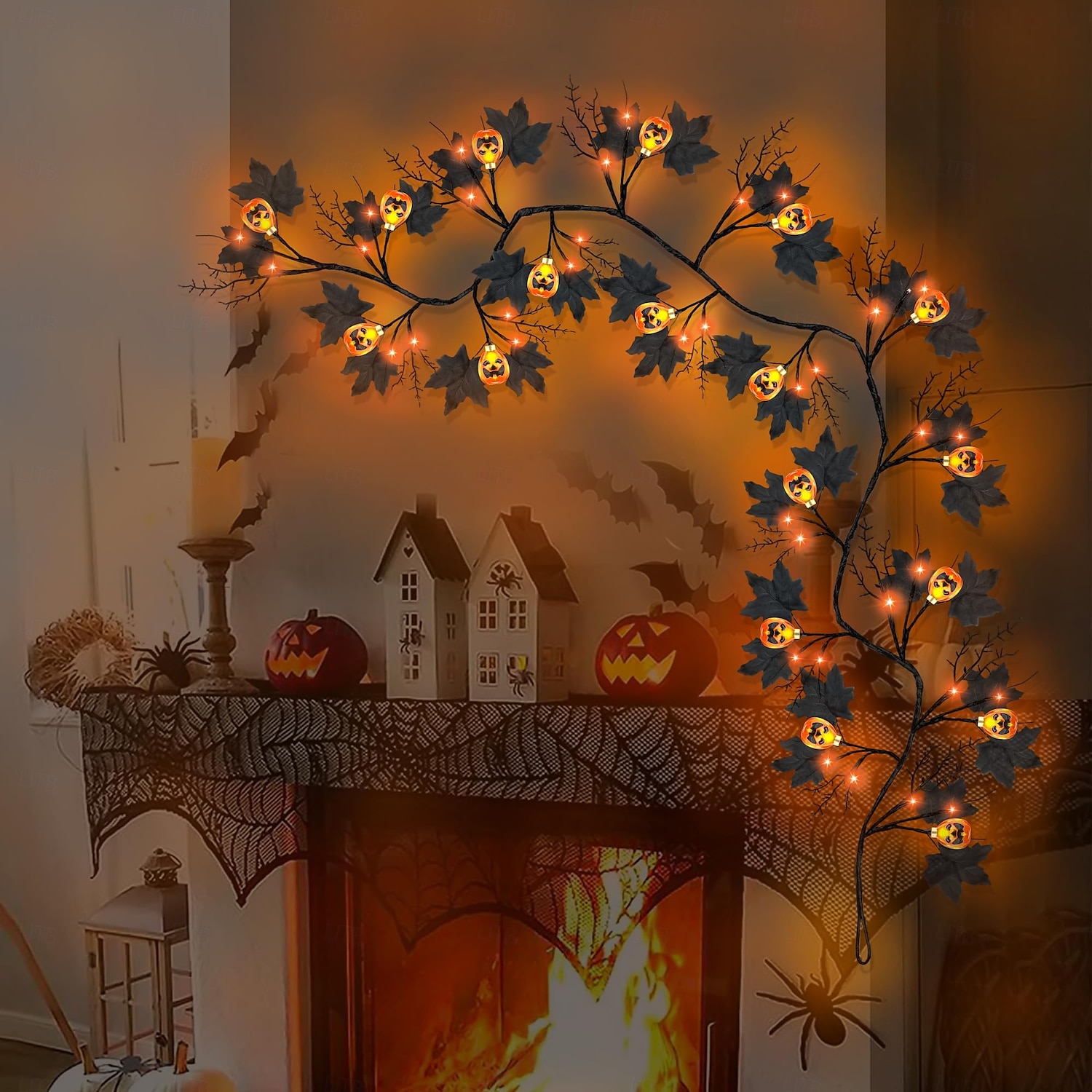 1.8M/6Ft 54 LED Beads Halloween String Lights Black Willow Lantern Pumpkin Bat Maple Leaf Wall Desktop Halloween Party Atmosphere Decorative Light AAA Waterproof Battery Box 2025 - $26.99 –P7