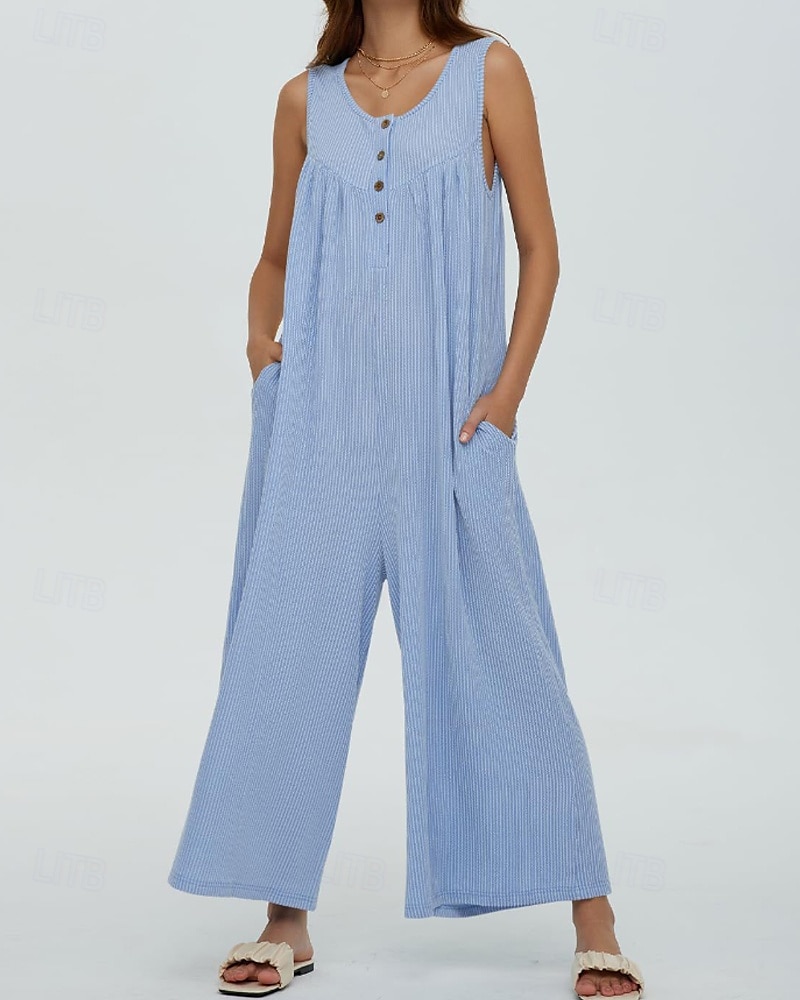 Női Szabályos Jumpsuitek Utcai sikk Tömör szín Ujjatlan U-alakú Gombok Zseb Utca Napi Normál Fekete Sötétkék Medence Nyár 2025 - zł111.96 –P17