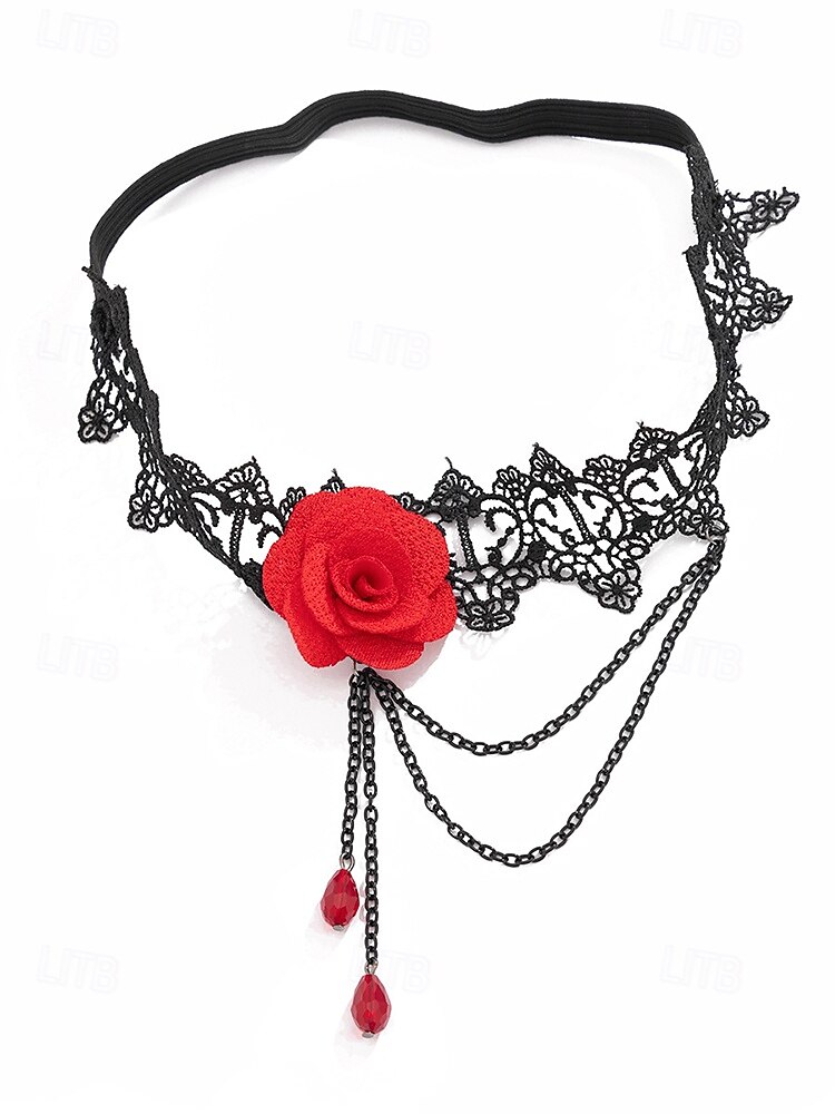 Liga elástica de encaje gótico con rosas para mujer, con cadenas y cuentas, joyería elástica vintage para muslos, ideal para fiestas de Halloween y cosplay. 2025 - $9.99 –P7