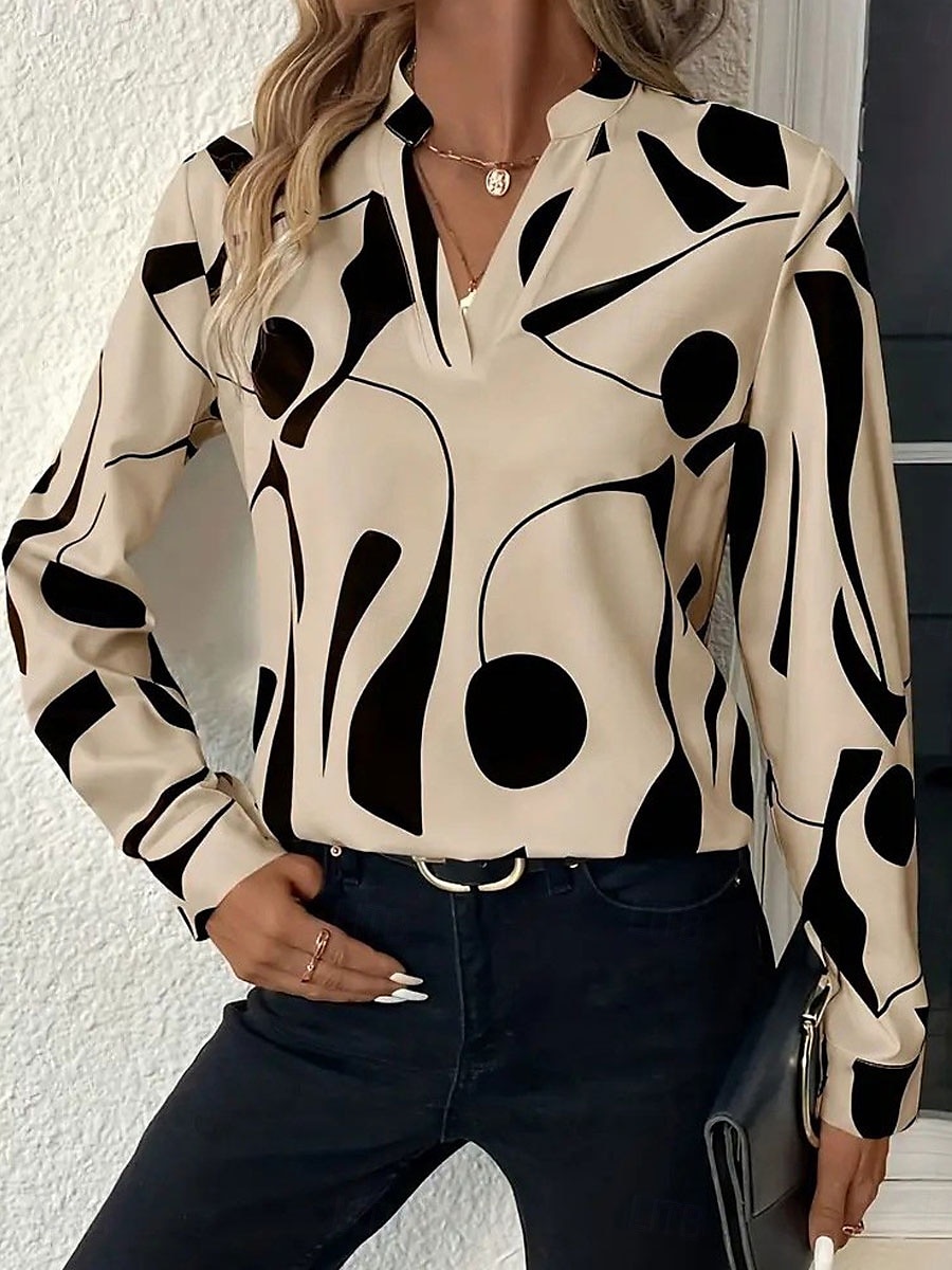 Damen Bluse Grafik Geometrisch Abstrakt Elegant Stilvoll Basic Langarm Hoher Ausschnitt Normale Oberteile Täglich Ferien Schwarz Khaki Frühling Herbst 2025 - Kč479 –P2