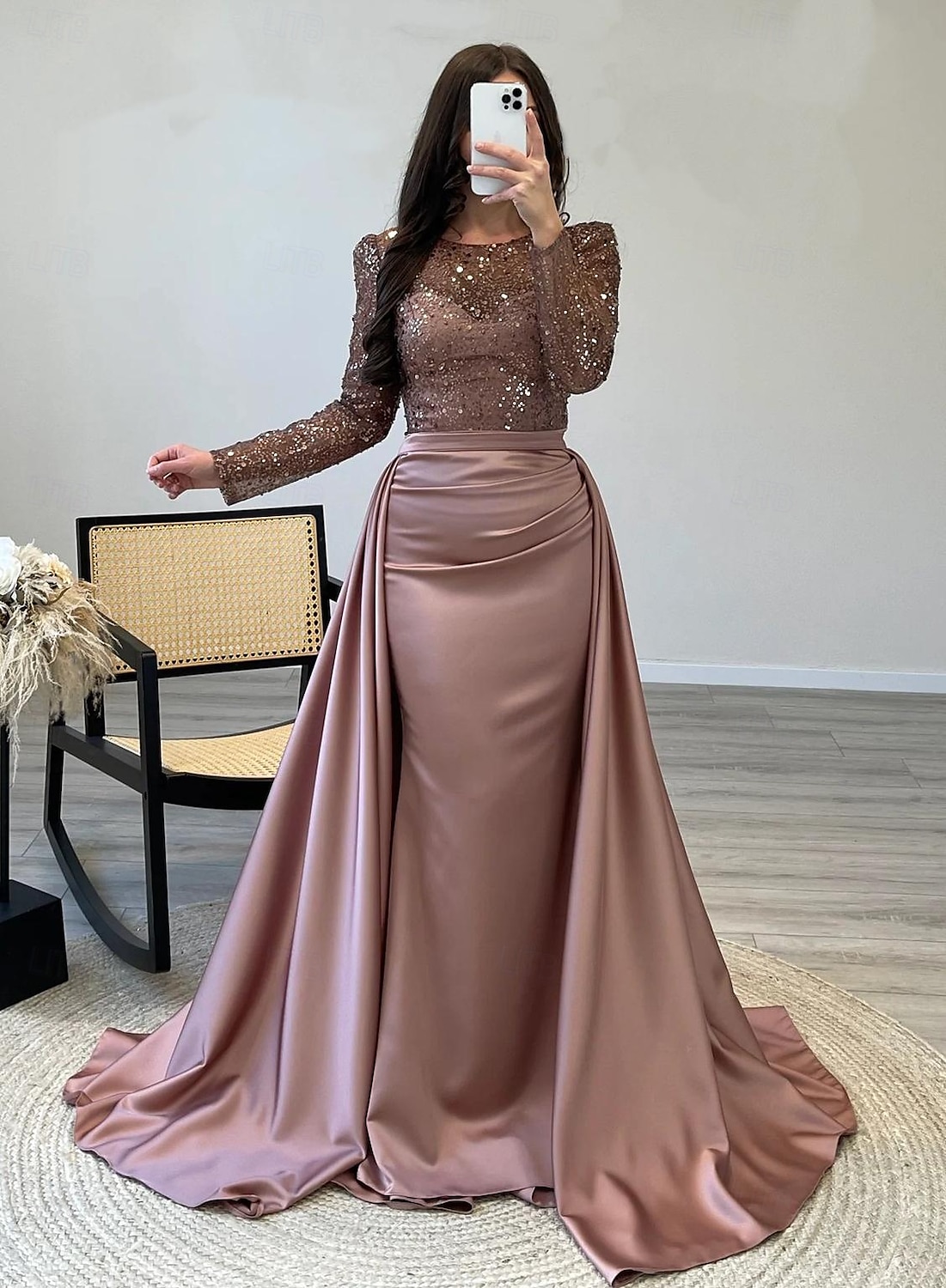 Meerjungfrauenschnitt Abendkleid Elegant Kleid Karneval Formell Bodenlang Langarm Illusionsausschnitt Abnehmbar Satin mit Perlen Überrock 2025 2025 - $159.99 –P2