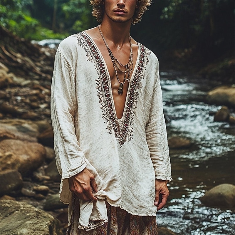 Herren Leinenhemd Sommerhemd Vintage-Shirt Ethno-Hemd Langarmshirt Boho Urlaub Straße Weiß Langarm Stürzen Sommer Frühling Bekleidung Ethnisch & Religiös 2025 - $23.99 –P1