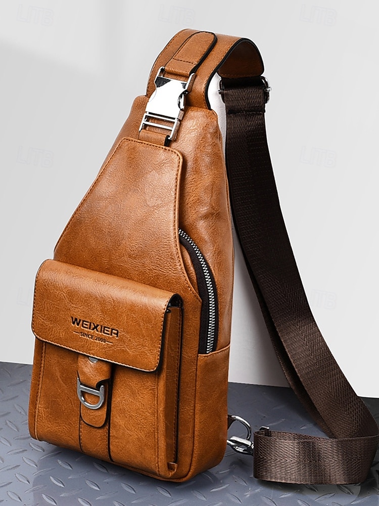 Ανδρική καφέ τσάντα χιαστί από τεχνητό δέρμα - αδιάβροχη και ανθεκτική στις γρατσουνιές τσάντα στήθους με ρυθμιζόμενο ιμάντα ώμου για ταξίδια, εργασία ή καθημερινή χρήση σε πάρτι 2026 - $19.99 –P3