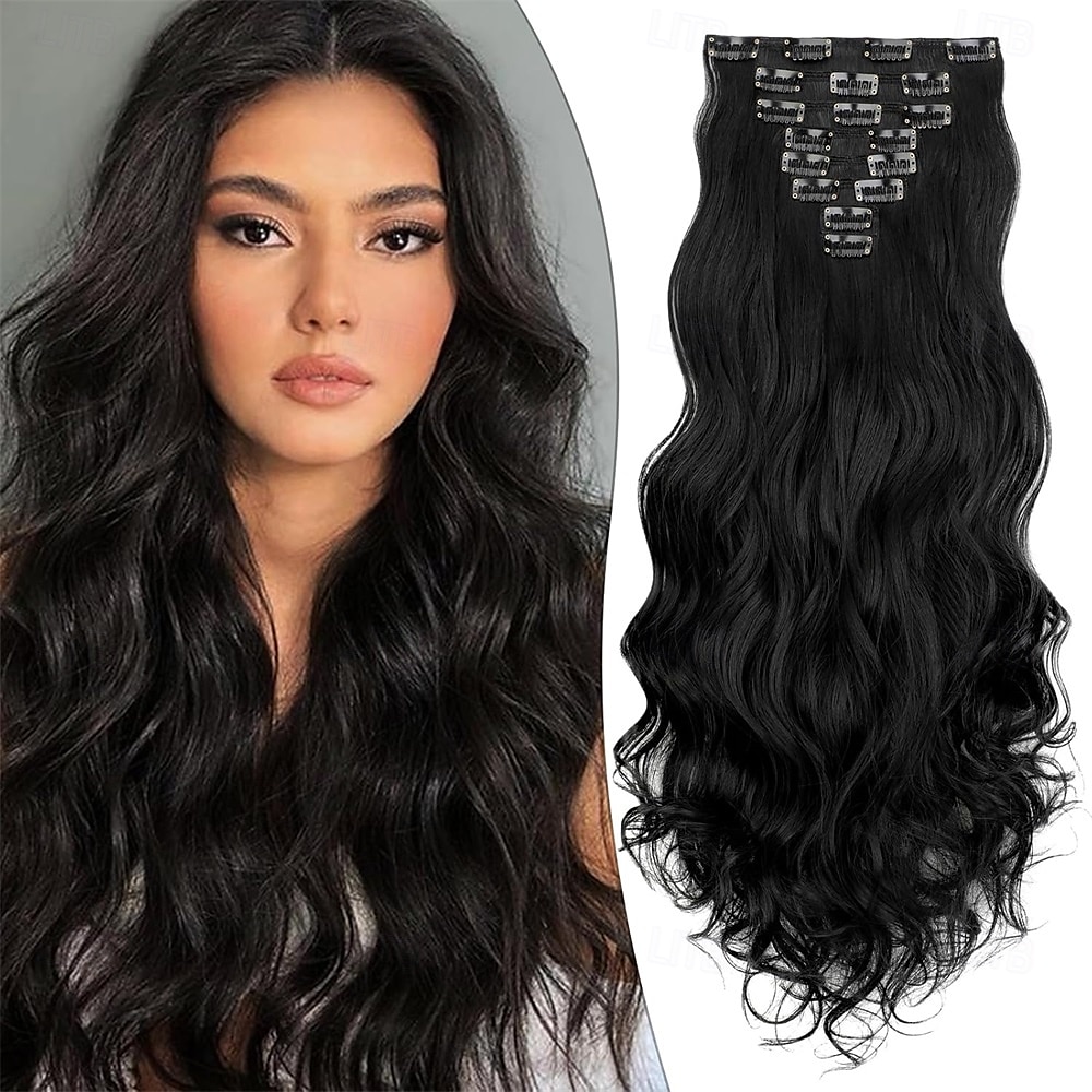 Extensions de cheveux à clipser 24 pouces 8 pièces mélange noir naturel gris argenté extensions de cheveux synthétiques longs ondulés extensions à clips épais double trame pour femmes de 2025 ? $26.99 –P2