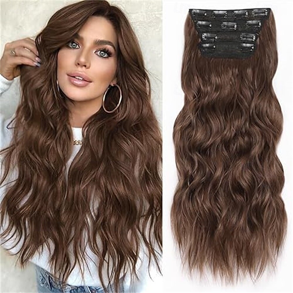 Extensions de cheveux à clips pour femmes, cheveux longs ondulés, brun chocolat et brun foncé, 4 pièces, 24 pouces, synthétiques, doux et naturels, épais de 2025 ? $26.99 –P2