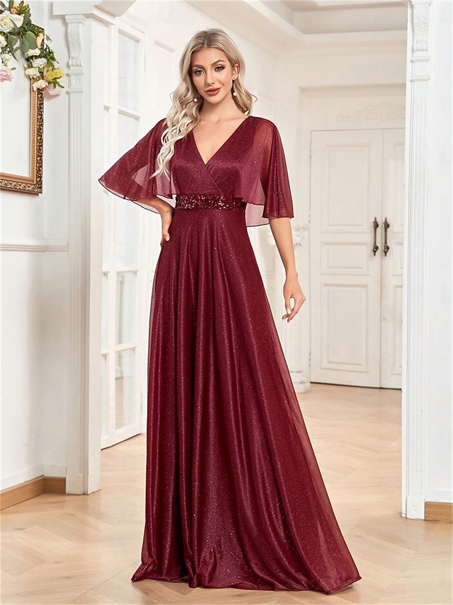 Robe de quinceanera A-Line élégante robe formelle de mariage longueur sol manches courtes col en V en satin avec plis de 2025 ? $99.99 –P11