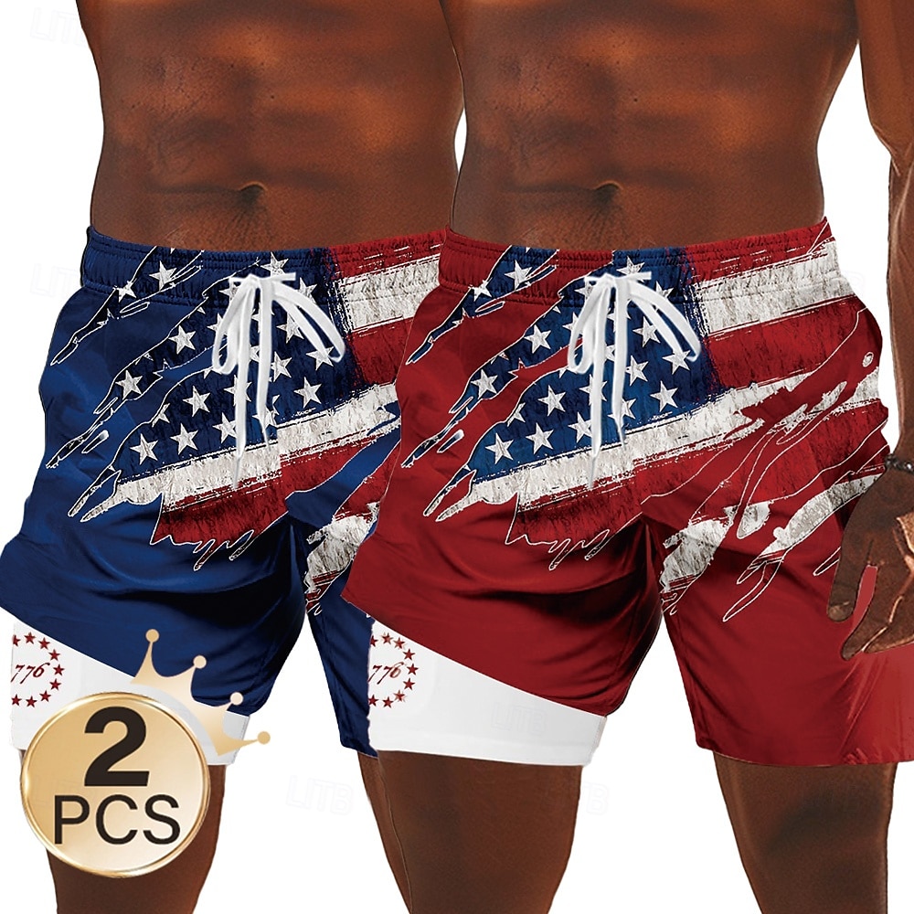 Unabhängigkeitstag Herren 2-teilig mit US-Flagge, patriotische gefütterte Shorts, 2-in-1-Boardshorts, Badehose, mittelhohe Taille, Urlaubs-Seitentaschen mit Kompressionsfutter, elastischer Kordelzug 2025 - $32.99 –P5