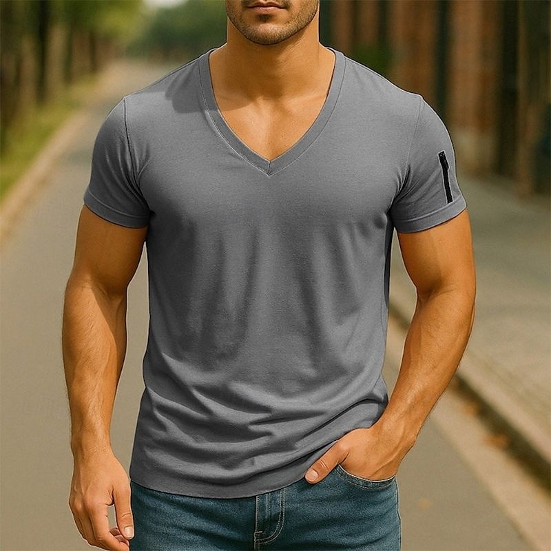 Homme T-shirt Chemise à manches courtes Manche Courte Col en V Été Uni Mode Designer Basique Fermeture éclair Vacances Rue Sortir Noir Blanche Rose Claire T-shirt haut de gamme pour homme de 2025 ? $9.49 –P2