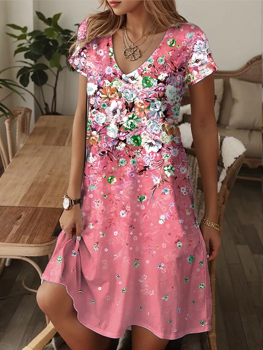 Dam Mini klänning T shirtklänning Solklänning A linjeklänning Semester Ledigt Strandstil Utekväll Strand Normal Blommig Grafisk Kortärmad V-hals Gul Rodnande Rosa Blå Purpur Sommar 2025 - $23.99 –P6