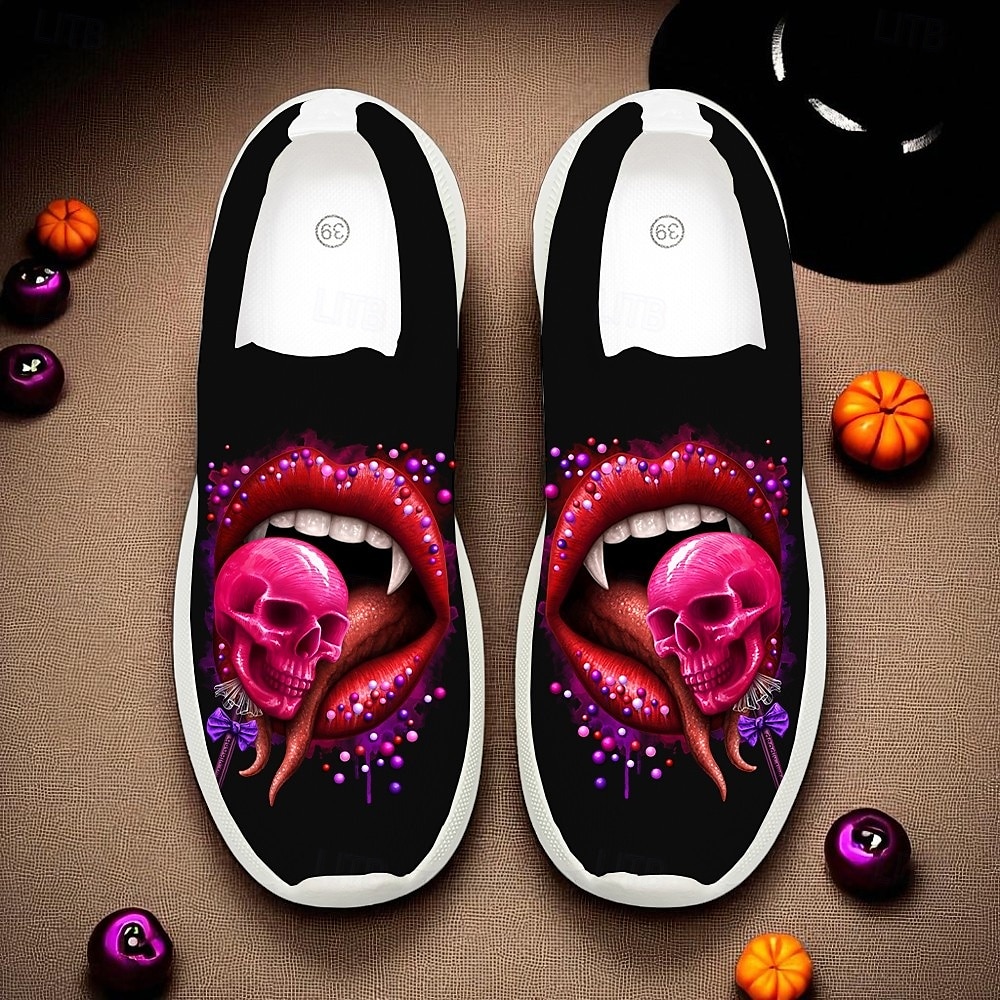 Teniși sport fără mâneci pentru femei, de Halloween – pantofi sport negri, comozi, din Flyknit, cu imprimeu de buze de vampir și craniu, pentru petreceri costumate, Halloween și ținute casual de toamnă, Sarah Richter 2025 - $34.99 –P1