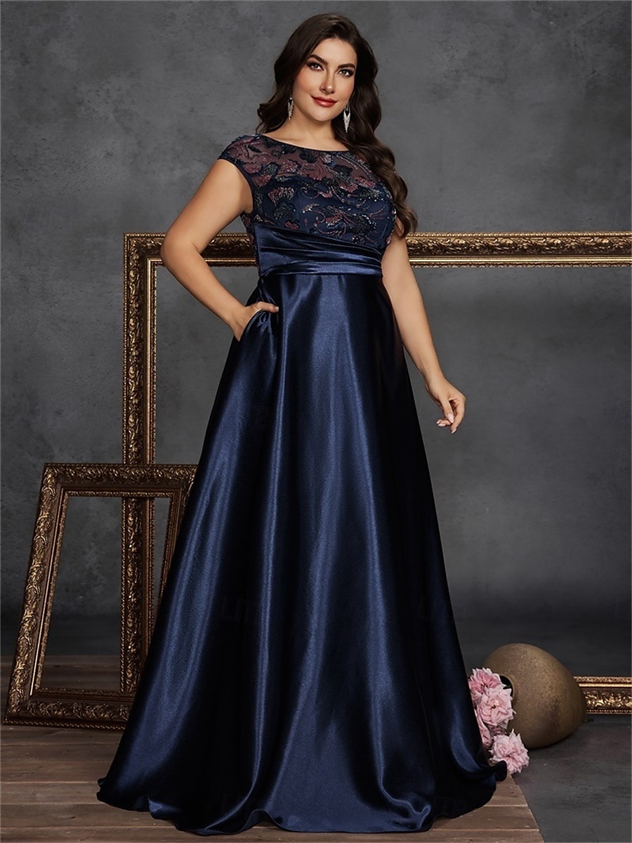 Robe A-Line grande taille élégante robe courbée formelle de mariage longueur de sol sans manches col rond satin avec plis de 2025 ? $125.99 –P6