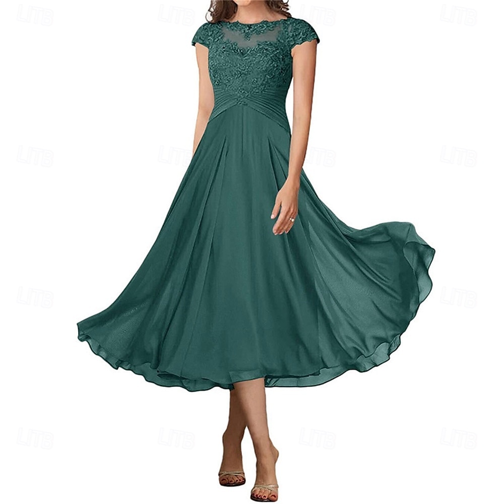 A-Linie Brautmutterkleid Elegant Einfach Rundhalsausschnitt Knöchellänge Chiffon Kurzarm mit Falten Einfarbig 2025 2025 - $119.99 –P1