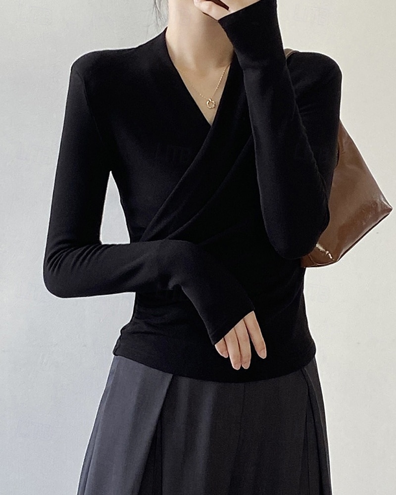 Femmes Chemisier Uni Moderne Occasionnel manche longue Col en V Hauts Réguliers Quotidien Fête Froncé Noir Blanche Marron clair Automne de 2025 ? $22.99 –P18