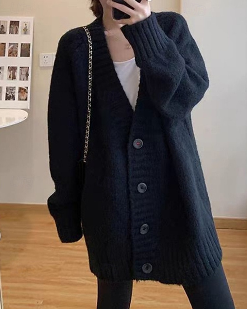 Damen Pullover Strickjacke Mode Einfarbig Gerippt V Ausschnitt Knöpfe Gestrickt Langarm Normale Oberteile Stricken Täglich Ferien Ausgehen Schwarz Dunkelgray Herbst 2025 - $28.99 –P9