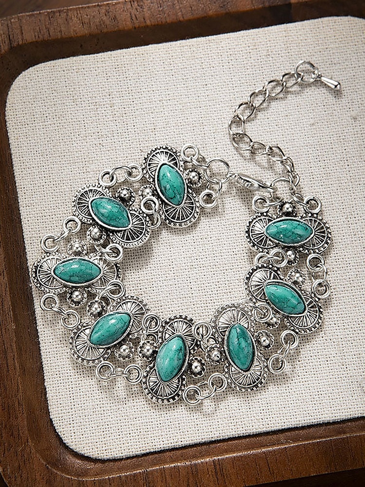 Vintage boho turquoise stenen armband voor dames – antiek verzilverd kettingschakelontwerp voor casual wear, feestjes en cadeaus 2025 - $7.99 –P6