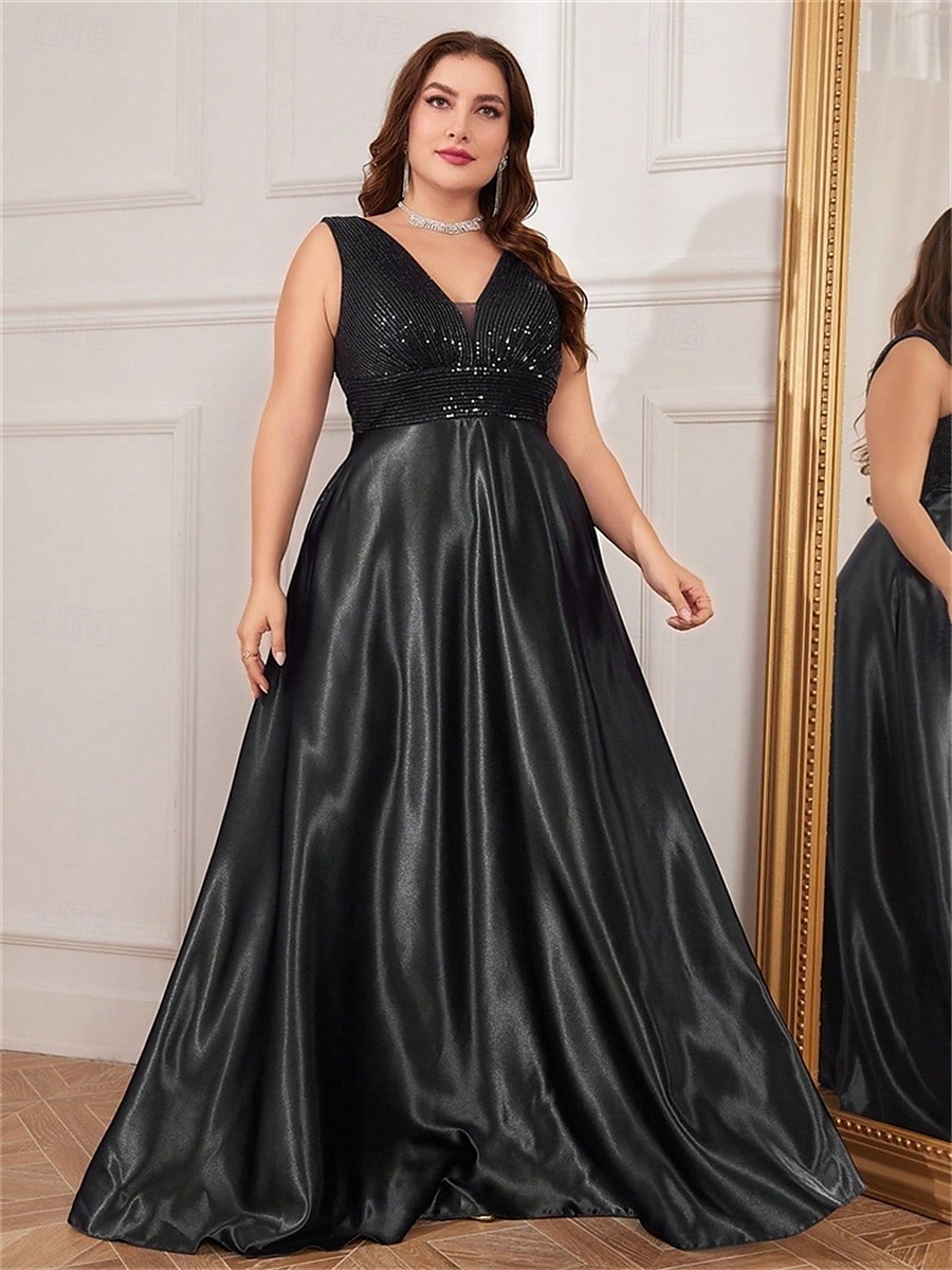 A-Line Plus Size Dresses Elegant Curve Dress Formal Wedding Floor Length Sleeveless V Neck Satin V Back with Pleats 2025 - $119.99 –P5