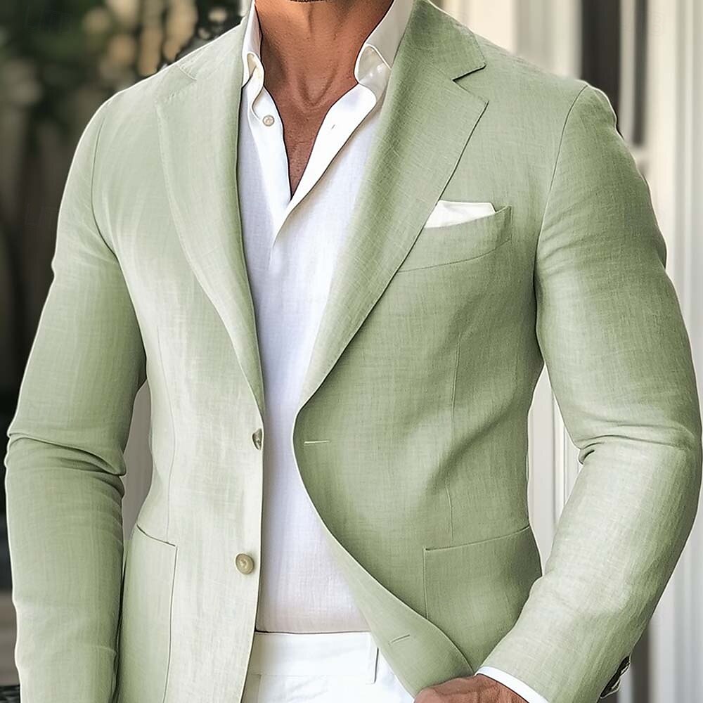 Homme Blazer en lin Manteau de sport Léger Occasionnel Couleur Unie Blazer Vert Sauge Coupe Standard à boutonnage simple à 2 boutons de 2025 ? $79.99 –P2