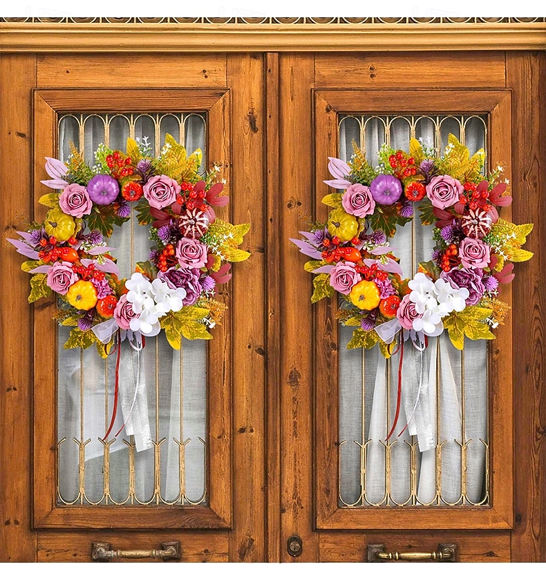 Couronne d'automne pour porte d'entrée, Thanksgiving, récolte d'automne, décoration intérieure et extérieure, couronne de vigne de roses et de citrouilles, panneau de porche de ferme rustique suspendu de 2025 ? $29.99 –P6