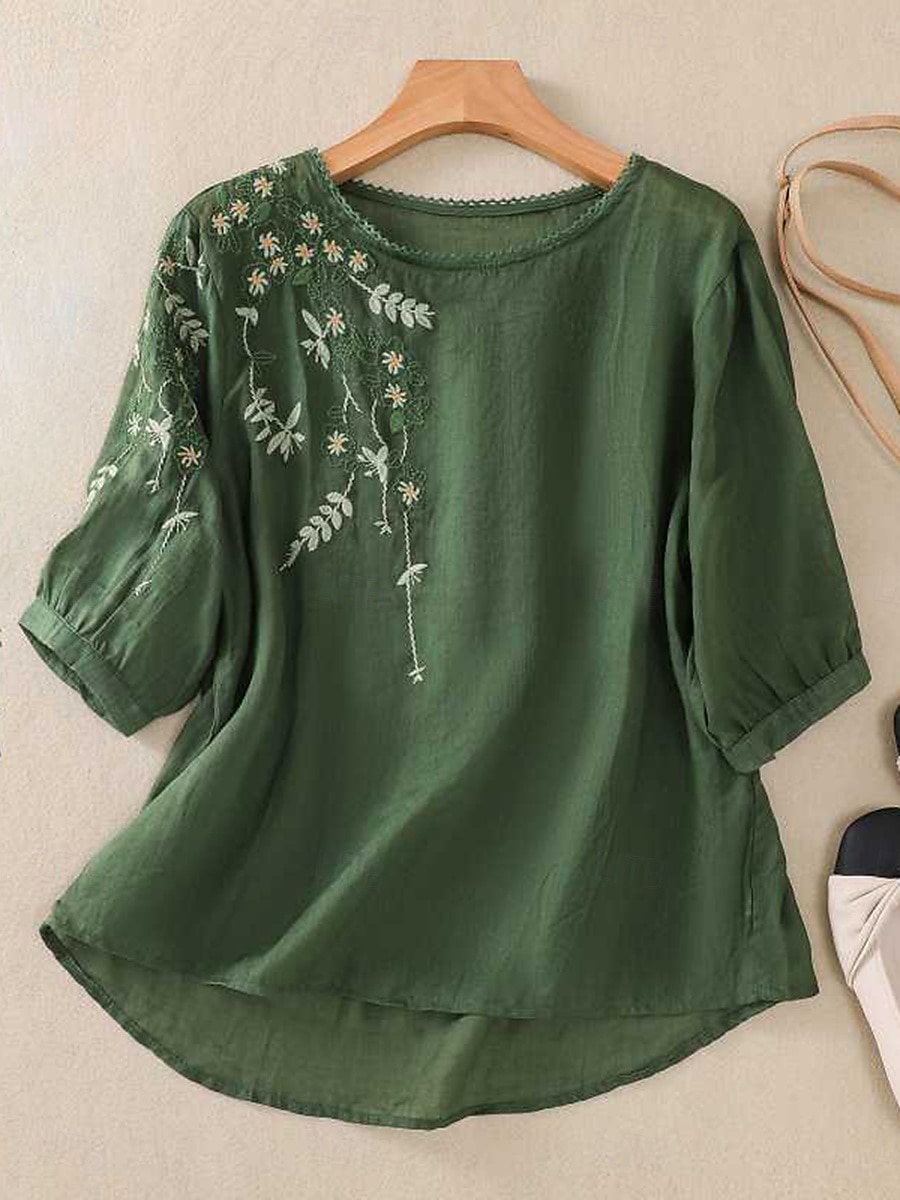 Femmes Chemises en coton et lin Couleur Unie Basique Occasionnel Manche 3/4 Col ras du cou Hauts Réguliers Quotidien Broderie Jaune Violet Vert Gris Été de 2025 ? $25.99 –P4