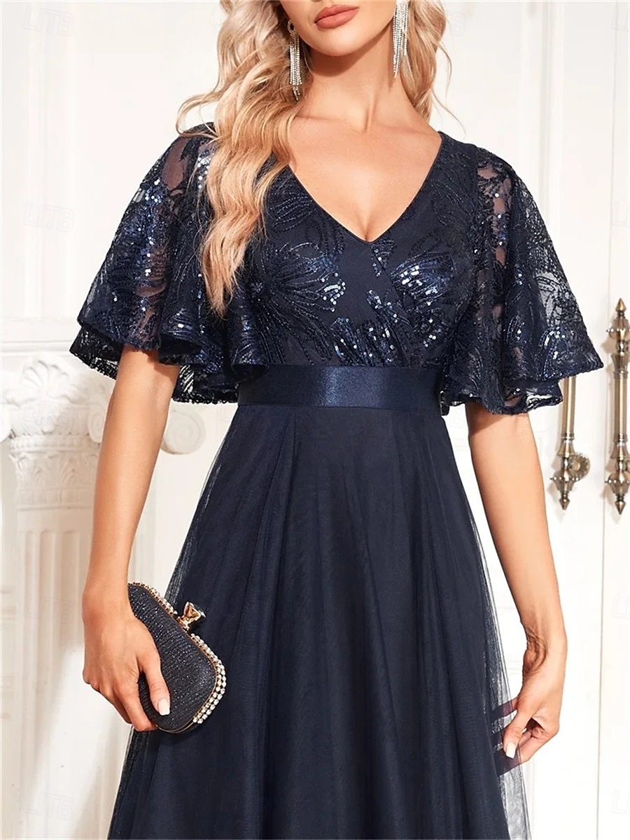 Abiti A-Line Quinceanera Abito Elegante Cerimonia Matrimonio Lunghezza Completa Maniche Corte V Collo Poliestere con Pieghe del 2025 a $99.99 –P2