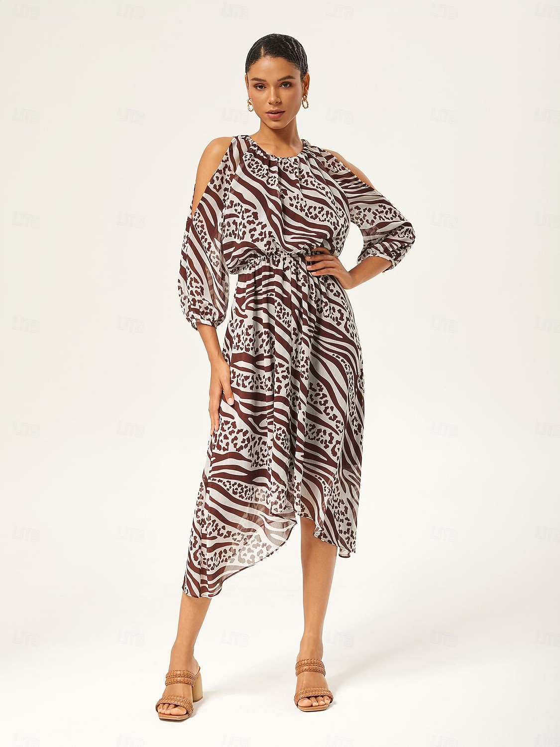 Dámské Žena Volnočasové šaty Hnědá Zebra tisk Studené rameno Léto Jaro Tričkový Elegantní XS S M 2025 - $97.99 –P1
