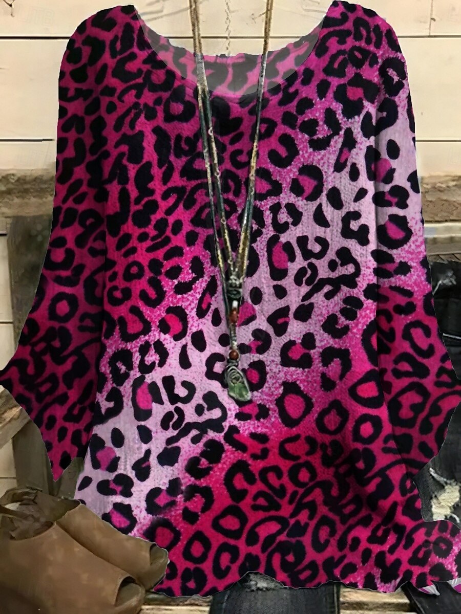Dames Overhemd Luipaard Stijlvol 3/4 mouw Strakke ronde hals Normale tops Dagelijks Feestdagen Afdrukken Paars Fuchsia Bruin Zomer 2025 - $17.99 –P1